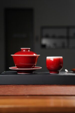 Lang Kiln Red Gaiwan Set - Handmade Chinese Porcelain Lidded Tea Bowl