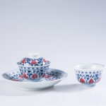 Blue and White with Underglaze Red "Interlocking Lotus Scroll" Gaiwan Set
