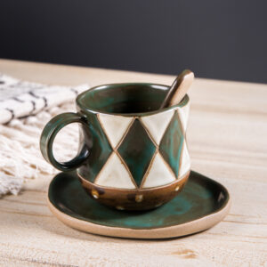 Handmade Vintage Green Checkered Coffee Mug Set for Home Cafe - Image 5