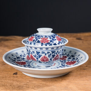 Blue and White with Underglaze Red "Interlocking Lotus Scroll" Gaiwan Set - Image 5