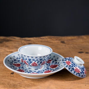 Blue and White with Underglaze Red "Interlocking Lotus Scroll" Gaiwan Set - Image 6