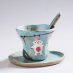 Hand Pinched Green Cartoon Coffee Cup Set - Whimsical Ceramic Mugs, Funky Handmade Gift