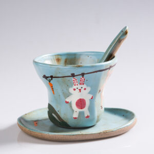 Hand Pinched Green Cartoon Coffee Cup Set - Whimsical Ceramic Mugs, Funky Handmade Gift