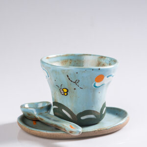 Hand Pinched Green Cartoon Coffee Cup Set - Whimsical Ceramic Mugs, Funky Handmade Gift - Image 2