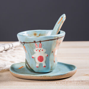 Hand Pinched Green Cartoon Coffee Cup Set - Whimsical Ceramic Mugs, Funky Handmade Gift - Image 4