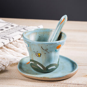 Hand Pinched Green Cartoon Coffee Cup Set - Whimsical Ceramic Mugs, Funky Handmade Gift - Image 5